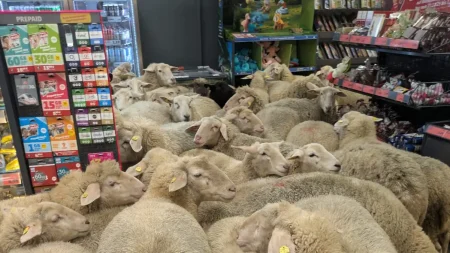 「ちゃんと退店して偉い」ドイツ・羊50頭がスーパー乱入も自ら退店、明大の馬に続く”自力帰還”に驚きの声