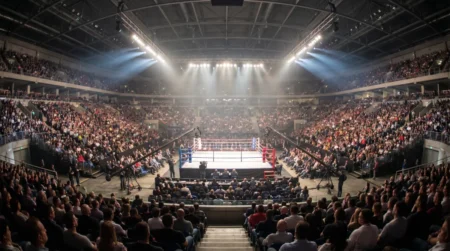 スポットライトに照らされたリングを満員の観客が取り囲むプロボクシング会場のファイトナイト全景