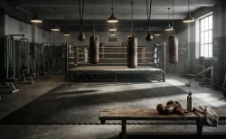 サンドバッグやグローブが並ぶボクシングジムのリングとトレーニング風景