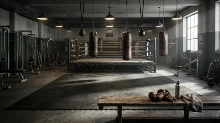 サンドバッグやグローブが並ぶボクシングジムのリングとトレーニング風景