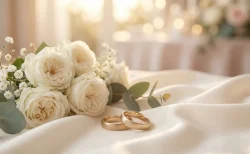 白いシルク生地の上に置かれた白バラのブーケとゴールドの結婚指輪