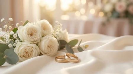 白いシルク生地の上に置かれた白バラのブーケとゴールドの結婚指輪