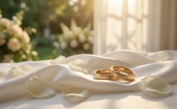 自然光が差し込む窓辺で花びらに囲まれたゴールドの結婚指輪