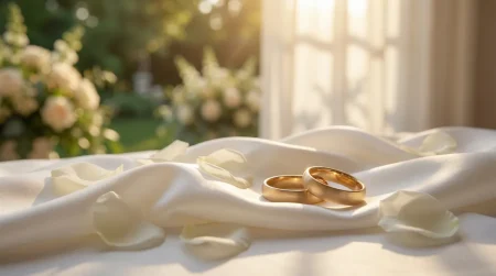 自然光が差し込む窓辺で花びらに囲まれたゴールドの結婚指輪