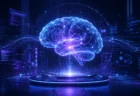 青く輝く脳のホログラムがステージ上に浮かぶAIとニューラルネットワークのイメージ