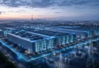 夕暮れのパリ郊外に広がる巨大なデータセンター群と青く光る送電網、奥にエッフェル塔が見える俯瞰イメージ
