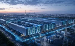 夕暮れのパリ郊外に広がる巨大なデータセンター群と青く光る送電網、奥にエッフェル塔が見える俯瞰イメージ