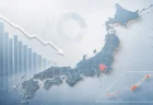 下降する棒グラフと矢印を背景に関東地方が赤くハイライトされた日本地図の経済低迷イメージ