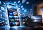 スマートフォンを中心に無数の動画サムネイルが広がり、テレビのあるリビングで動画配信を楽しむストリーミングサービスのイメージ