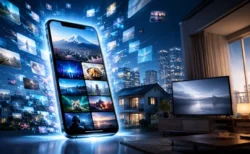 スマートフォンを中心に無数の動画サムネイルが広がり、テレビのあるリビングで動画配信を楽しむストリーミングサービスのイメージ