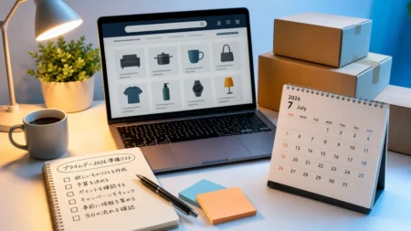 Amazonプライムデー2026の事前準備をイメージした、カレンダーと買い物リスト、配送箱が並ぶデスク風景