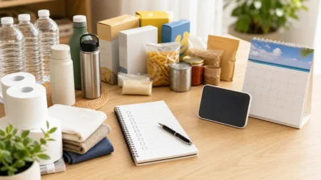 Amazonプライムデー2026で買うものを整理するため、日用品や食品、買い物リストが並んだデスク風景