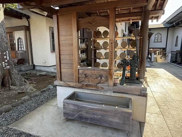 柄杓が並ぶ木組みの水場と井戸ポンプ