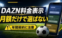 DAZNのサッカー系プラン料金表示と年間契約の注意点を示すアイキャッチ