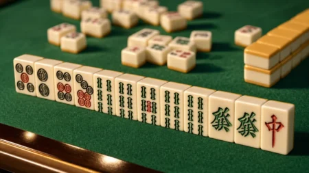 緑のフェルトの雀卓に並んだ麻雀牌（イメージ）