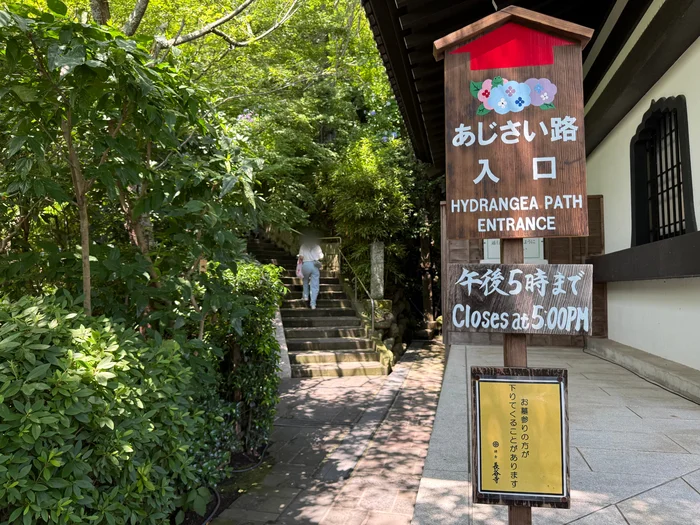 あじさい路入口の木製看板と上へ続く階段