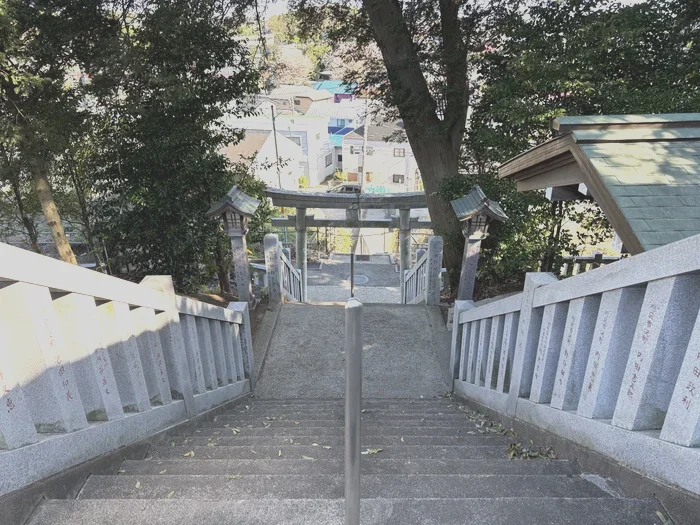 石段の上から見下ろす参道と街並み
