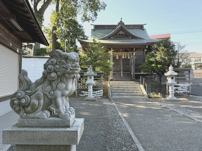 狛犬越しに見る熊野神社の社殿