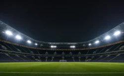 ナイターの照明に照らされた無人のサッカースタジアムとピッチ