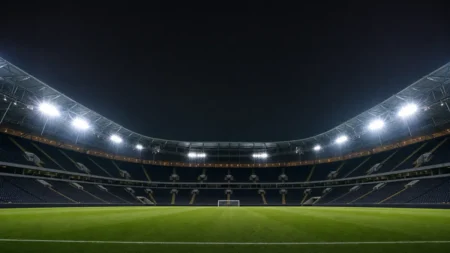 ナイターの照明に照らされた無人のサッカースタジアムとピッチ