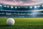 夕暮れのナイター照明が灯るサッカースタジアムの芝生に置かれた白いサッカーボール。W杯日本対スウェーデン戦の視聴率を伝える記事のイメージ画像。