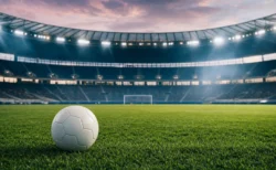 夕暮れのナイター照明が灯るサッカースタジアムの芝生に置かれた白いサッカーボール。W杯日本対スウェーデン戦の視聴率を伝える記事のイメージ画像。