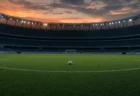 夕暮れの無人サッカースタジアムの中央サークルに置かれたサッカーボール