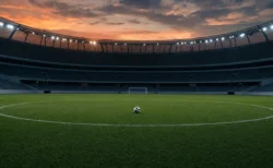 夕暮れの無人サッカースタジアムの中央サークルに置かれたサッカーボール