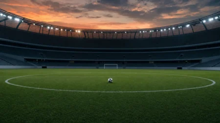 夕暮れの無人サッカースタジアムの中央サークルに置かれたサッカーボール