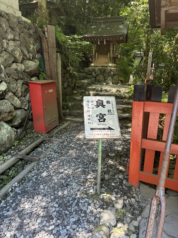 「奥宮」と記された案内の石碑と朱色の鳥居