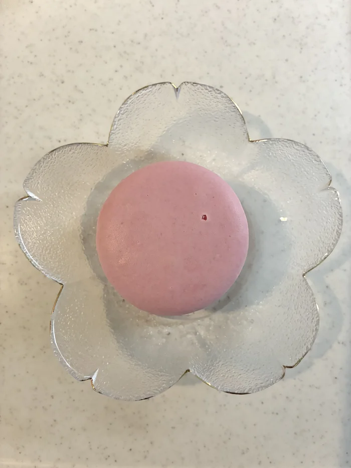 画像 花型の皿にのせたピンクのマカロンアイス