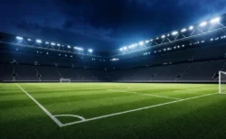 ナイターのサッカースタジアムとピッチ