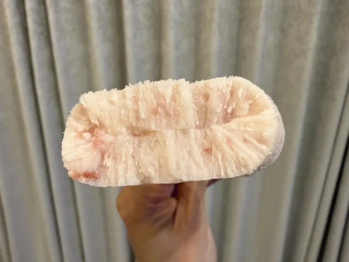 食べ進めて平らになったいちごミルクアイスバーの断面を横から撮影