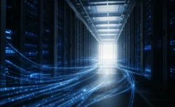 青白い光の配線が奥へと続くデータセンターの通路