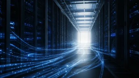 青白い光の配線が奥へと続くデータセンターの通路