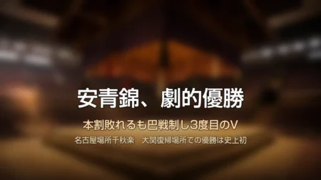 土俵と屋根がある国技館風の会場に「安青錦」の文字が入ったタイトルカード