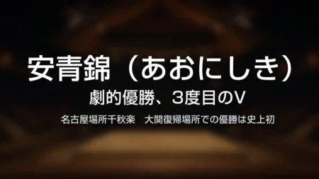 安青錦(あおにしき)が名古屋場所で劇的優勝したことを伝えるタイトルカード