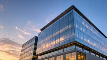 モダンなガラス張りの企業本社ビルを見上げた写実的な情景、夕暮れの反射光