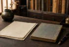 和紙と和綴じの古い書物、万年筆が置かれた落ち着いた書斎の机