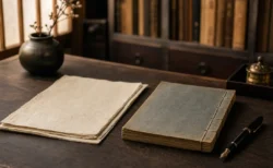 和紙と和綴じの古い書物、万年筆が置かれた落ち着いた書斎の机
