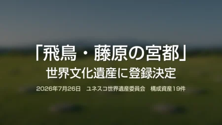 「飛鳥・藤原の宮都」世界文化遺産に登録決定と記した画像