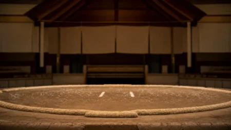 大相撲の土俵、俵と塩が撒かれた土俵面、背景に吊り屋根と垂れ幕