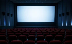 大型スクリーンが淡く光る無人の映画館、赤いシートが並ぶ客席