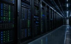 データセンターのサーバールーム、青とグリーンのLEDが点滅するネットワーク機器のラック列
