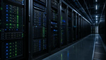 データセンターのサーバールーム、青とグリーンのLEDが点滅するネットワーク機器のラック列