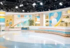 朝の情報バラエティー番組を思わせる生放送スタジオのセットと照明を写実的に捉えた情景