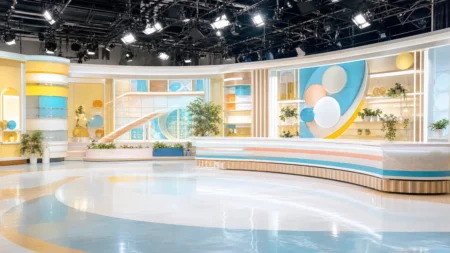 朝の情報バラエティー番組を思わせる生放送スタジオのセットと照明を写実的に捉えた情景