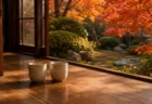 紅葉した庭を望む縁側に並んで置かれた2つの湯呑み
