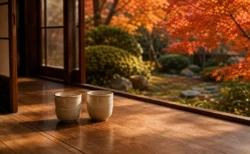 紅葉した庭を望む縁側に並んで置かれた2つの湯呑み