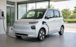 充電ケーブルが接続された白いコンパクトEV車両